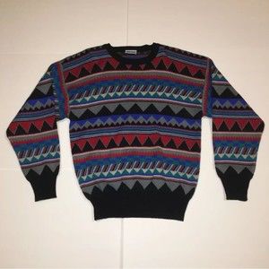 VTG 80s Meister Multicolor Crazy Pattern All Over Print Pullover Sweater Size L